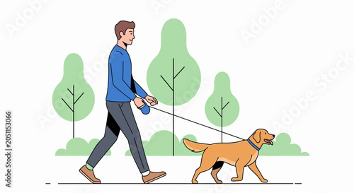 Man walking dog in a park setting with trees and a leash in an illustration