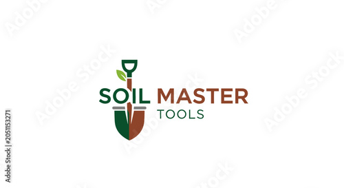 Soil master tools logo design with shovel and leaf elements on white