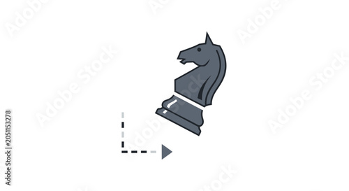 Stylized chess knight icon with animated arrow and dotted lines on white