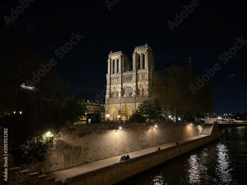 Illuminated Notre Dame de Paris Cathedral at night viewed from the Seine River embankment. Paris, France