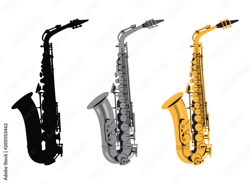 Naklejka premium Set with beautiful saxophones on white background. Vector illustration,