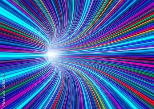 Foto Vibrant abstract hyperspace tunnel with colorful light streaks rushing into a bright central glow