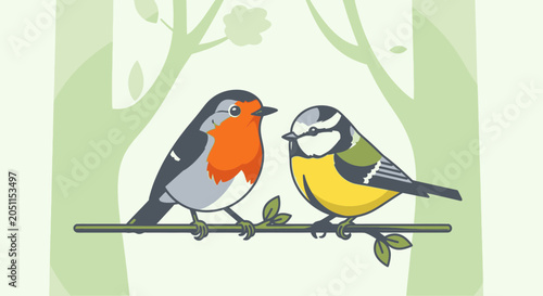 Two colorful birds perched on a branch vector illustration for various uses