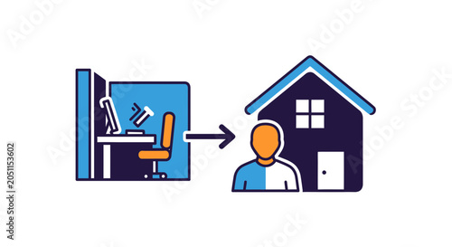 Work from home concept depicted with illustrated office and house