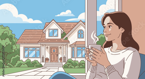 Woman enjoying coffee looking at home vector illustration cozy lifestyle