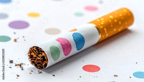 Colorful cigarette with polka dots on a white surface with assorted color dots