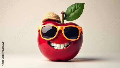 Cartoon apple character wearing sunglasses and a straw hat, smiling with a green leaf on top, set against a neutral background for playful and fun themes