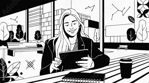 Smiling business woman working on a digital tablet, a professional vector illustration depicting remote productivity and a happy urban lifestyle.