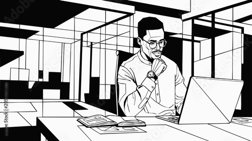 Focused Black Businessman in Modern Office Working on Laptop, Pondering Business Strategy with Open Notebook and Geometric Background