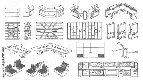 Collection of futuristic furniture and workstation designs for a modern office interior featuring an ergonomic desk and modular system layouts.