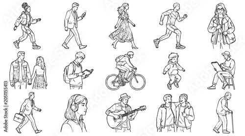 Hand Drawn People in Line Art Activities and Sketches Set Featuring Diverse Lifestyle Characters and Daily Routines