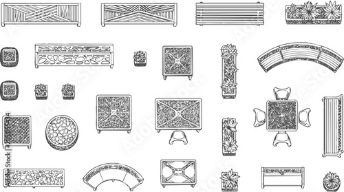 Collection of top view architectural symbols for landscape design featuring garden furniture sets, various planter styles, and bench icons for site