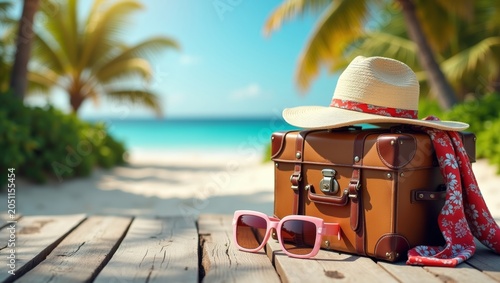 Vintage brown suitcase with sunglasses and straw hat on wooden deck by tropical beach, palm trees and ocean in the background creating a vacation scene