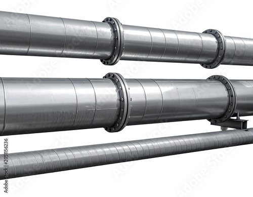A close-up view of three large, metallic industrial pipes