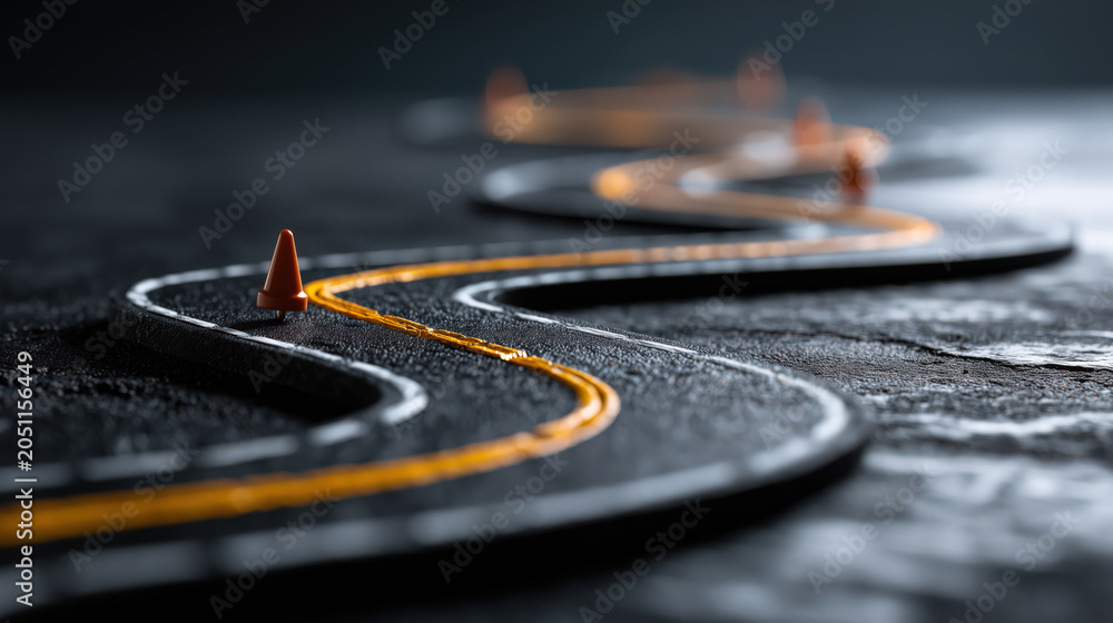 Obraz premium Abstract road curve path with orange line cones and dark texture for strategy concept