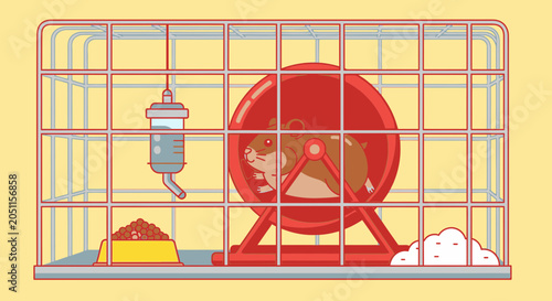 Hamster in cage running on wheel illustration for animal care
