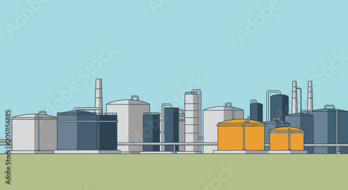 Industrial factory illustration production plant tanks and structures under blue sky