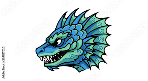 Stylized illustration of a dragon head in shades of blue and green