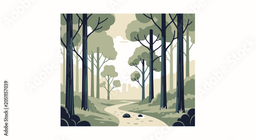 Stylized forest illustration with path leading to the horizon vector art