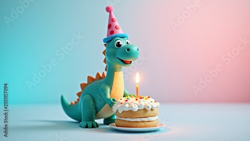 Cartoon dinosaur character wearing a party hat stands beside a birthday cake with a lit candle, colorful sprinkles on top, against a pastel gradient background