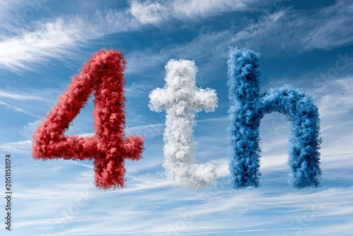 The number 4 and the letters 'th' formed from red, white, and blue smoke against a cloudy sky.