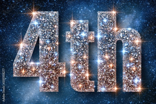 Sparkling 4th of July text with glitter and stars against a deep blue starry night sky background.
