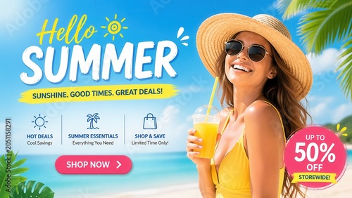 Bright summer sale banner with smiling woman beach vacation vibes and tropical shopping promotion