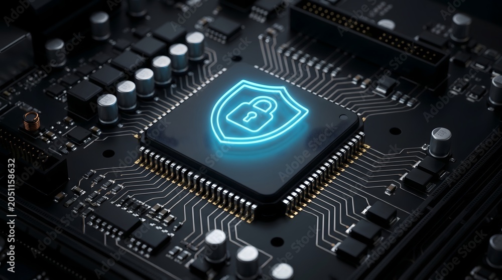 Fototapeta premium Cyber security concept featuring illuminated shield and padlock on central processing unit for safe data network encryption