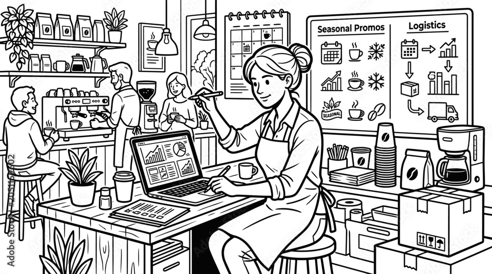Obraz premium Small Business Owner Managing Cafe Operations with Laptop, MSME Day Concept