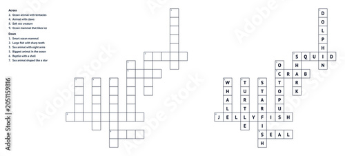 Crossword puzzle grid with numbered clues for solving  