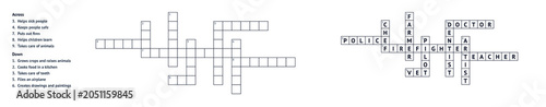 Crossword puzzles with empty grids and clues on paper background  