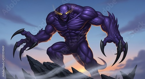 Dark fantasy creature standing on mountain.