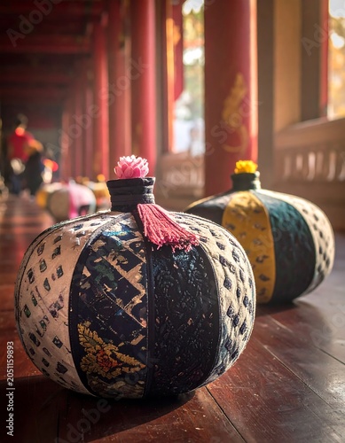 A close-up view of two intricately designed lanterns on a wooden floor