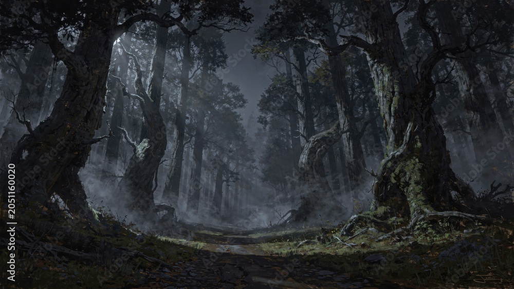 Naklejka premium Eerie dark forest landscape with ancient gnarled trees, thick atmospheric fog, and low moonlight creating a cinematic moody environment, perfect for fantasy horror concepts or mystical storytelling.