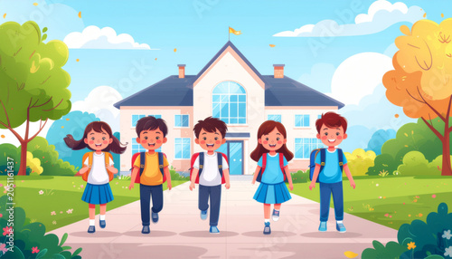 Happy Children Walking to School Vector Illustration, Diverse Students with Backpacks and School Building