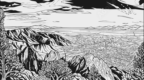 A Dramatic Mountain Landscape Overlooking a Sprawling City Valley in a Monochrome Panoramic Illustration Style with High Contrast Details