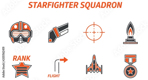Bild auf Leinwand A set of eight orange and dark gray minimalist flat icons depicting Starfighter