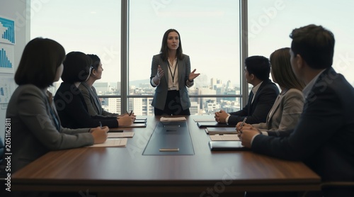 Team discusses strategy in modern office meeting room. Woman leads discussion at table. Colleagues listen intently, taking notes. Cityscape visible through large window.