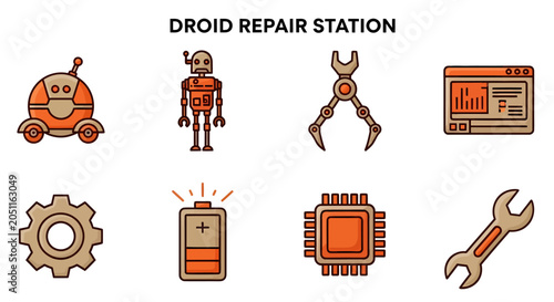 Cuadro en lienzo Eight orange and grey icons representing droid repair including robots mechanica