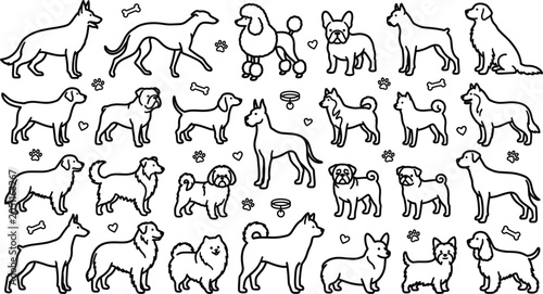 Foto Dog breeds line icon set featuring retriever poodle bulldog husky shepherd pug c