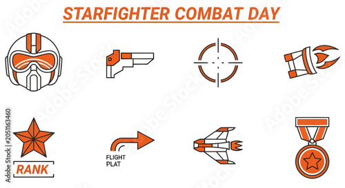 Photos Starfighter Combat Day poster featuring eight orange and white line art icons de