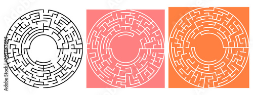 Round maze isolated on white, pink, and orange backgrounds. Circle labyrinth. Circle Maze Game Vector illustration. Maze labyrinth isolated on background