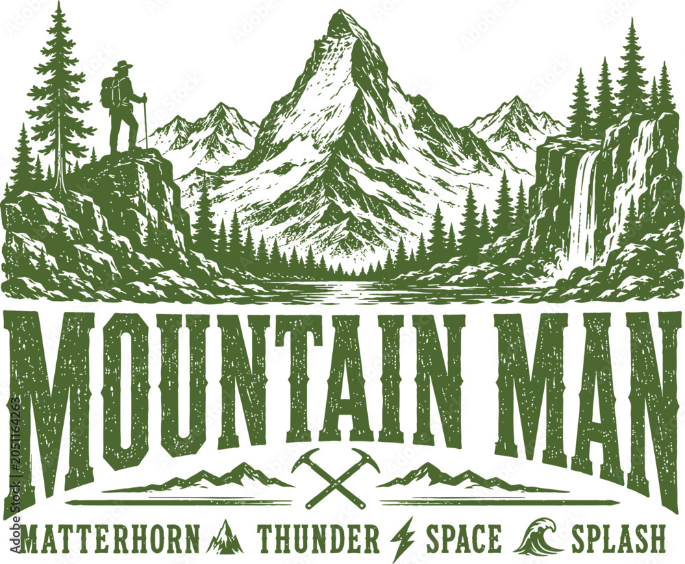 Obraz premium Mountain Man Outdoor Adventure Vector Illustration with Mountains Forest and Waterfall