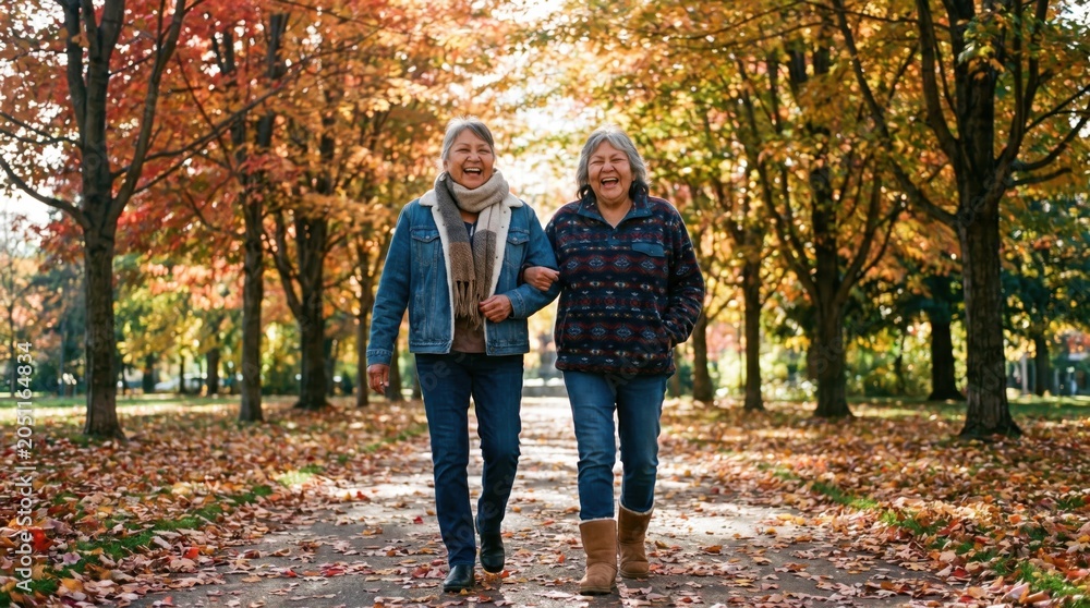 Fototapeta premium Indigenous Elder Women Friends Autumn Park Walk Laughing Foliage