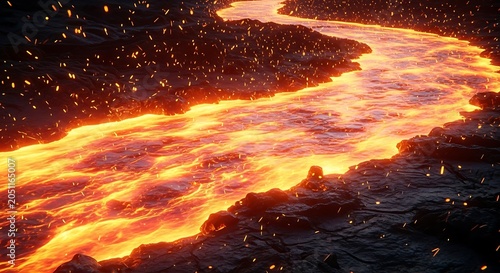Molten lava flowing through dark landscape.
