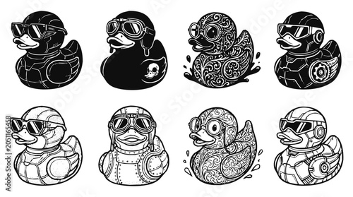 Unique Rubber Duck Illustrations Featuring Sunglasses and Aviator Goggles in Futuristic and Steampunk Art Styles for Creative Branding