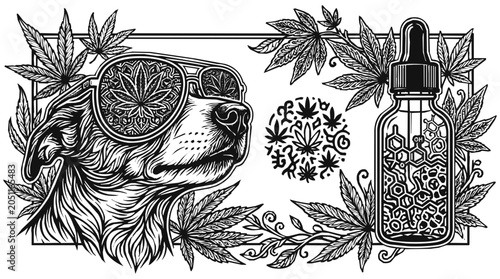 Hand-drawn Cannabis Art of a Cool Dog Wearing Sunglasses with CBD Oil Bottle and Marijuana Leaves for Natural Pet Wellness and Relaxation