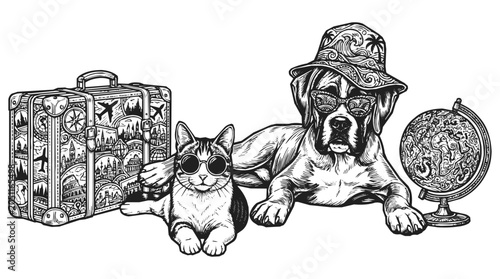 Pet eyewear illustration with cat sunglasses and dog sunglasses on a travel adventure featuring a vintage suitcase and world globe concept