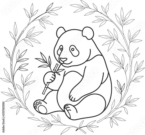 Εκτύπωση καμβά A detailed line art illustration of a panda eating bamboo, enclosed in a botanic