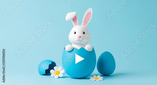 Easter bunny in blue eggs with flowers.